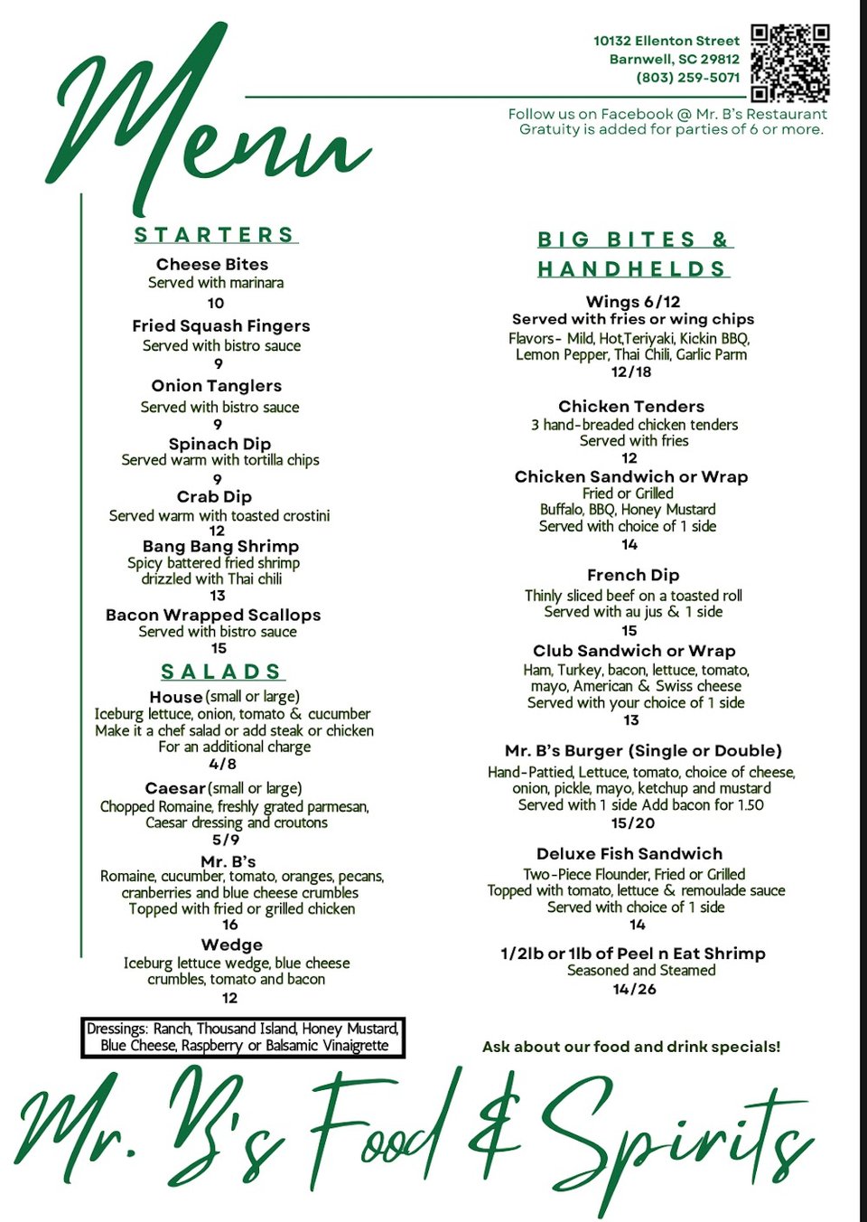 Dish list featuring wings and salmon.