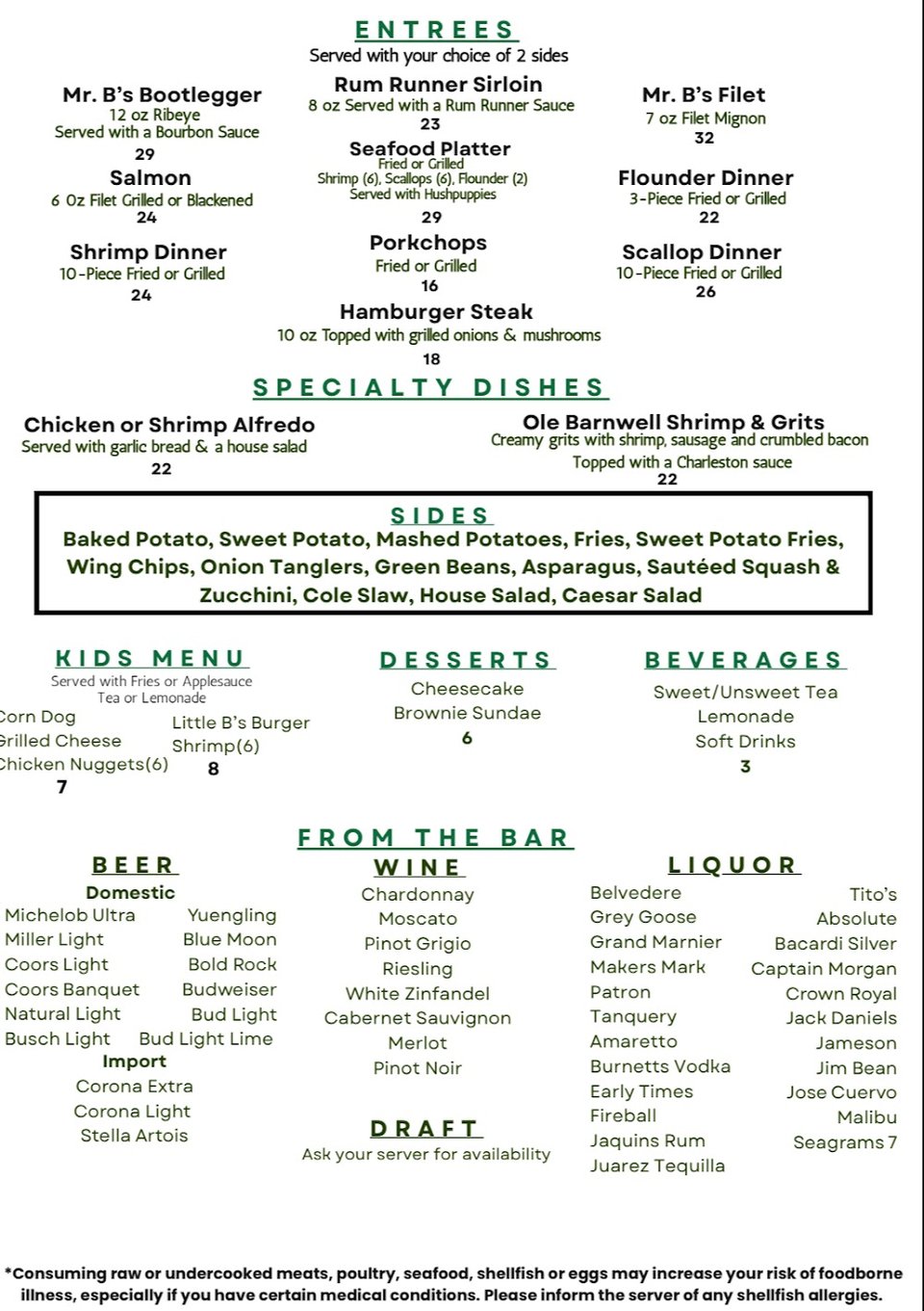 Restaurant menu with salads and entrées.
