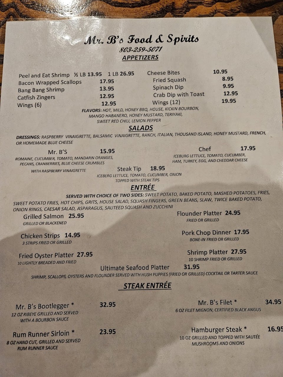 Menu board with starters and handhelds.